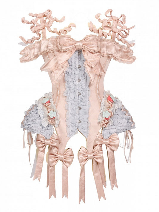 Strawberry Mousse Rococo Corset Top with Detachable Chest Bow and Shoulder Straps - Blood Supply