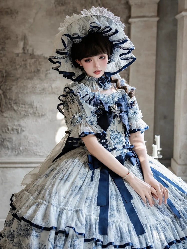 Blue and White Elegant Porcelain-Style Hanayome Multi-layered Skirt Boned Lolita Hime Dress with Bow and Lace Details - Sleepless Star