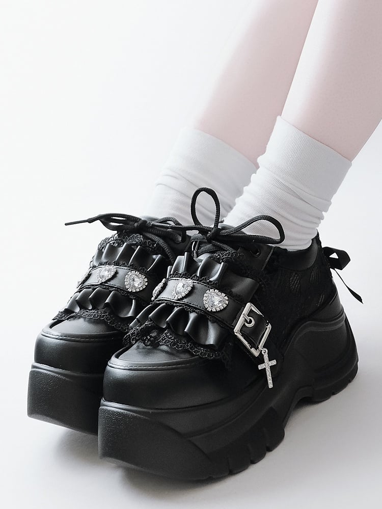 Rhinestone at Heart Ruffles Back Kei Closure Platforms Black Decor Trim Crystal Jirai - with Lace-up