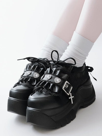 Rhinestone at Heart Ruffles Back Kei Closure Platforms Black Decor Trim Crystal Jirai - with Lace-up