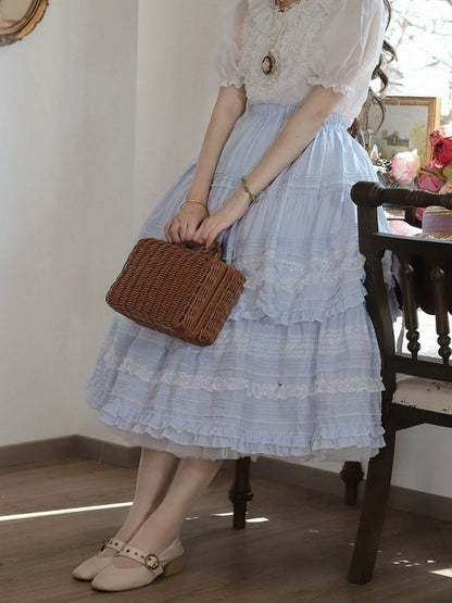 Blue White Classic Lolita Skirt with Lace - Tiny Garden