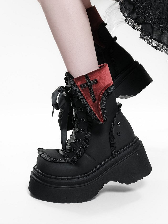 Red Gothic Studded Ankle with Accents Cross Boots Platform Details Black