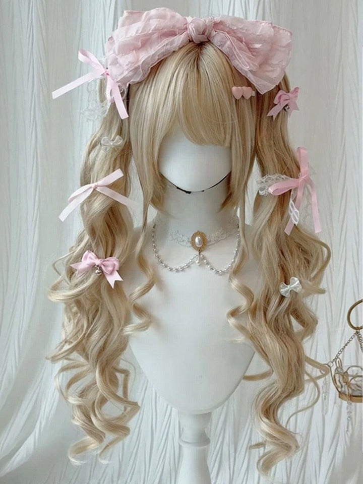 Soft Blonde 28cm Straight Bob with Full Fringe & 60cm Curly Clip-On Tails - Meow Island Wig
