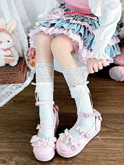 Bow-Embellished Ankle Socks with Contrast Lace Trim - Milkcat Studio