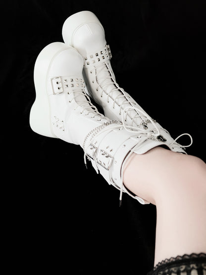 骨型メタルプレート マットホワイト パンク ウェッジ プラットフォーム ニーハイブーツ