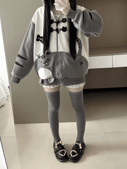 Cozy and Hood Coat 'Moe' - White Cat Gray Ear Fleece Daywear