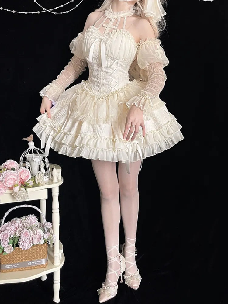 Cross Belle Elfenbein Neckholder Korsett Kleid Balletcore Prinzessin Lolita JSK