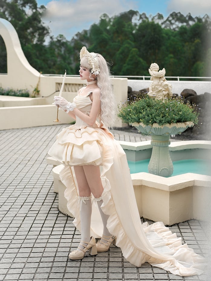 Kleid Lolita Beige Taille JSK Entbeint Wasserfallausschnitt Set Spaghettiträger Voll Elegant