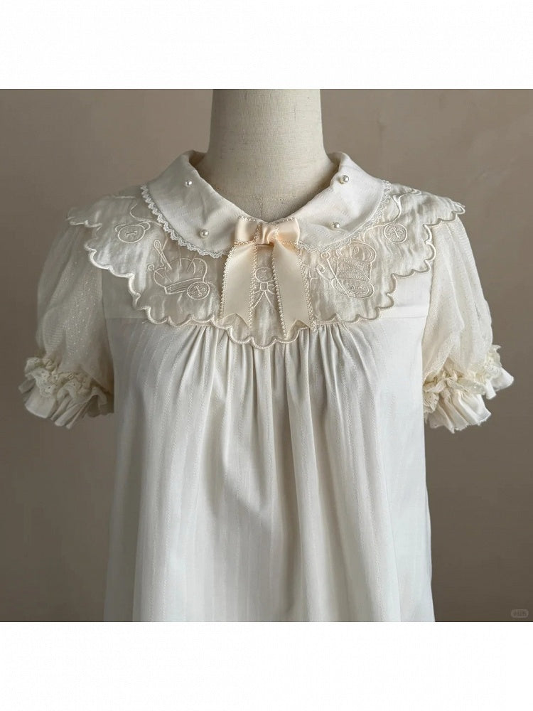 Sweet Lolita Blouse with Embroidered Collar and Puff Sleeves - Treasure House