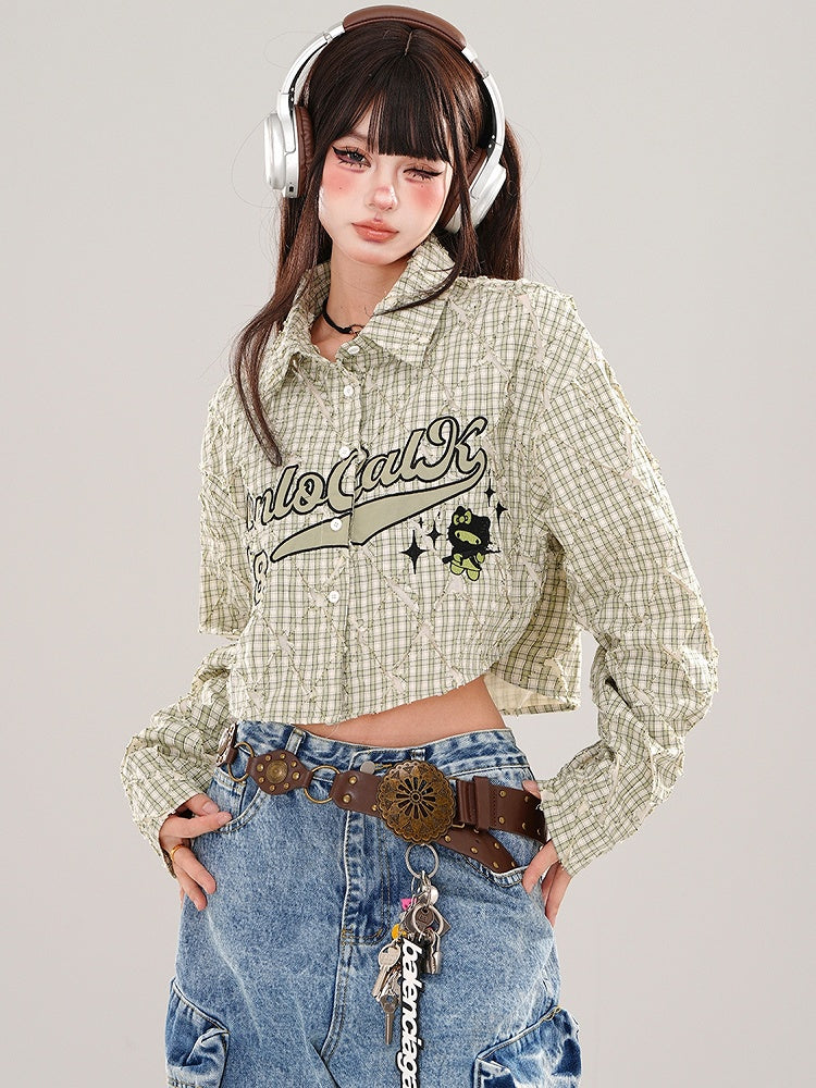 Green/Pink Letters Plaid Cropped Shirt