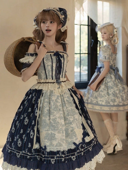 ブルーのオープンショルダーキャビンコルセットトップ + ダークブルーの花柄ロリータスカート