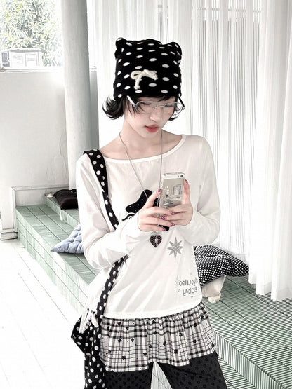 Design Long Daily with Star White Appliques Sleeve Top Kawaii Patchwork