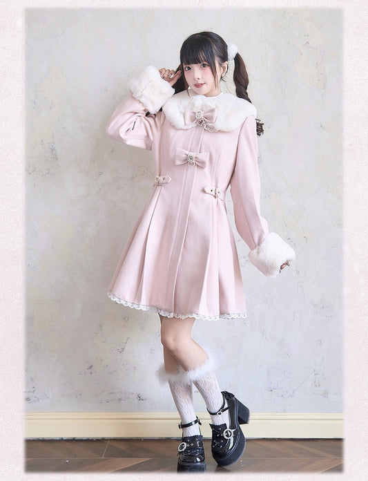 Manschetten Jirai Kei Plüschkragen Strass Spitzenbesatz und rosa Mantel Bowknots