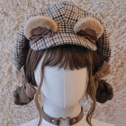 Bear Beret Hat Brown Ear Houndstooth Pattern