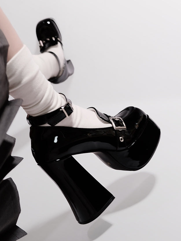 PU Black Punk JK Shoes - Chunky Heel with Buckle Accents & Detachable Ankle Strap