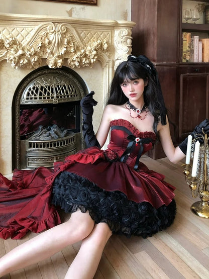 Lolita Bouquet Strapless Boned Red Gothic Hem with Black Rose Dress