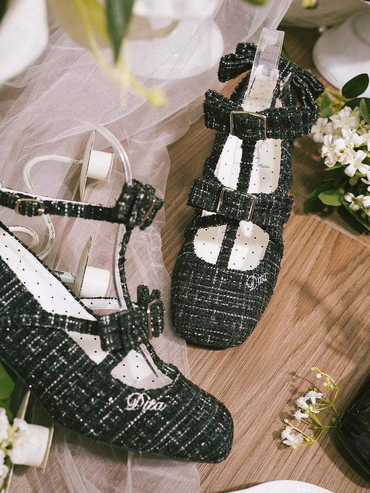 Design Lolita Black Accents Square with Bow Elegant Toe T-strap Shoes