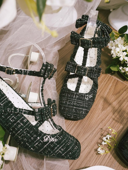 Design Lolita Black Accents Square with Bow Elegant Toe T-strap Shoes