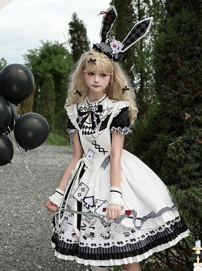 Sweet Lolita Apron Dress OP Full Set with Bunny & Teapot Print in Black and White - Ying Luo Fu