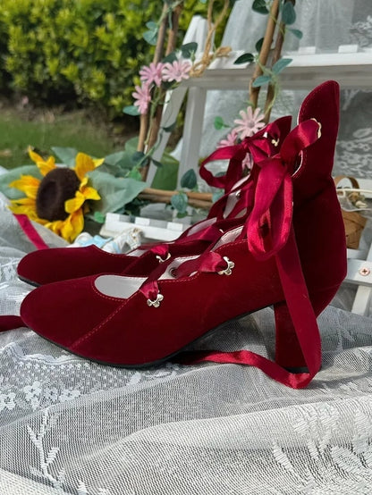 Design Shoes Red Lace-Up Wine Velvet in Toe Closure Pointed Classic Lolita