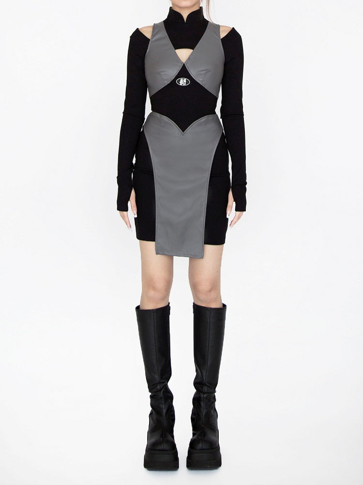 Cyberpunk Futuristisches Schwarz-Graues Stehkragen-Ausschnitt-Detail Ninja Glamouröses Kleid