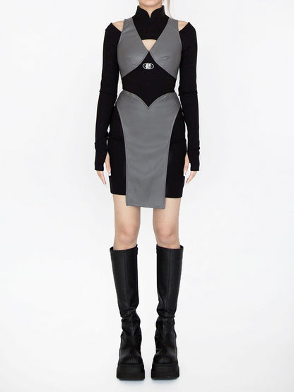 Cyberpunk Futuristisches Schwarz-Graues Stehkragen-Ausschnitt-Detail Ninja Glamouröses Kleid