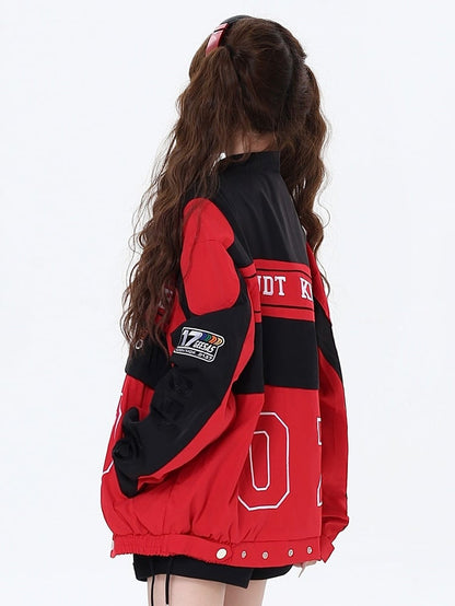 with Jacket Black Embroidery Fleece and Two-Way Baseball Letters Colorblock Detachable Red