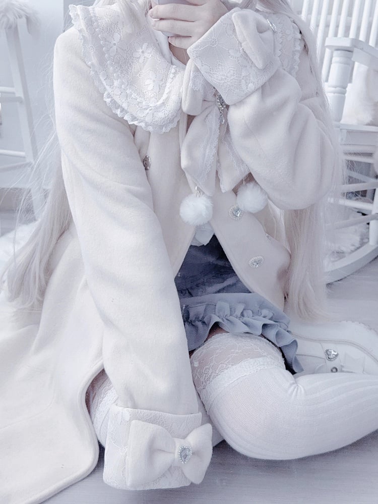 ジライケイ ベージュ 取り外し可能なプラッシュカラーとカフス 地雷風 リボン付きウールコート