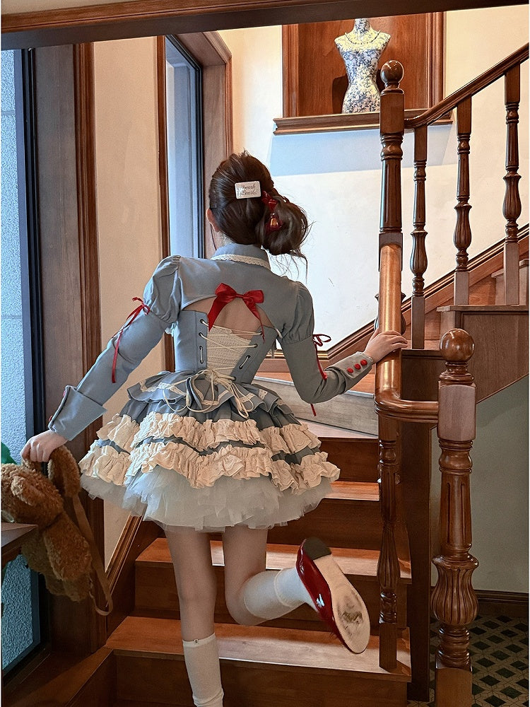 Blue Corset Lace-up + Skirt Set Bolero Top Boned Puffy Full