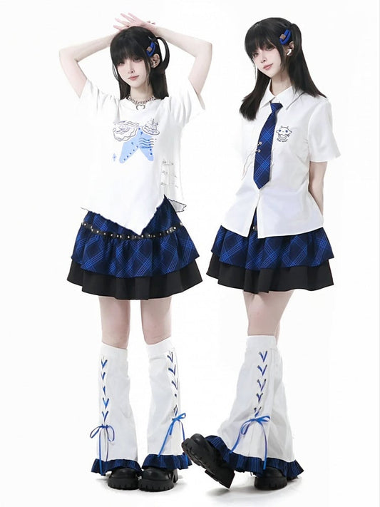 ティアードスカート スタッドディテール ブラック＆ブルー チェック柄 スター