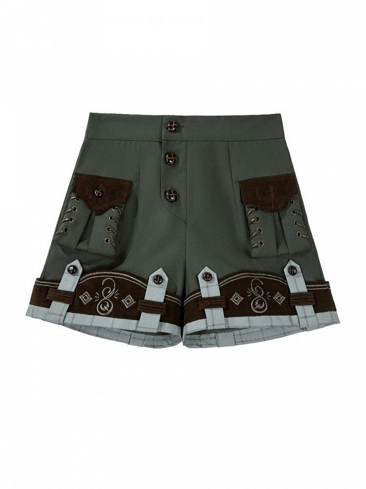 Dark Green Ouji Lolita Multi-Button Shorts with Plaid Pattern - Unknown Star