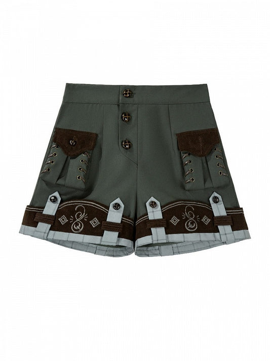 Dark Green Ouji Lolita Multi-Button Shorts with Plaid Pattern - Unknown Star