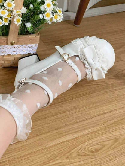 Toe at White Mid Sweet Heels Lace with Round Top Trim Bow