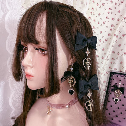 Pendant Heart 2 Bow Studs with Ear Lace Cross Options