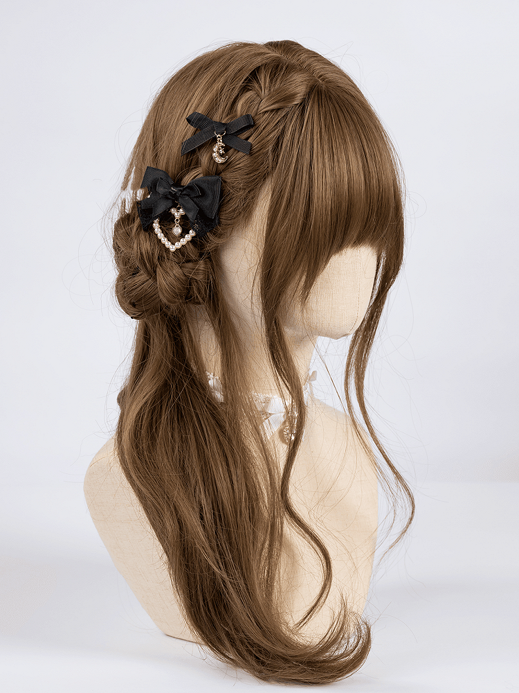 Beaded Bowknot Hairclips with Moon/Heart Jirai Kei Black Charm