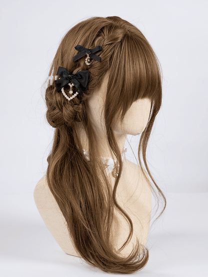 Haarspangen mit Perlenschleife und Mond/Herz Jirai Kei Schwarzer Anhänger