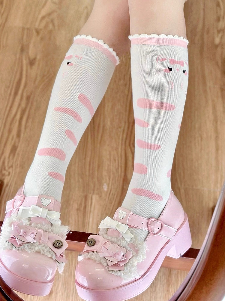 Rosa Muster Weiß Bowknot Print Kitty Socken Lolita Kalb