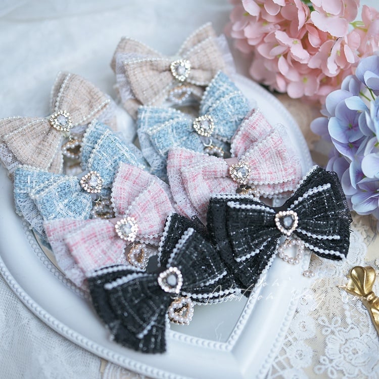 Black/Blue/Pink/Apricot Heart Rhinestone Jirai Kei Bow Hairclips