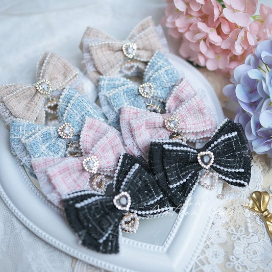 Black/Blue/Pink/Apricot Heart Rhinestone Jirai Kei Bow Hairclips