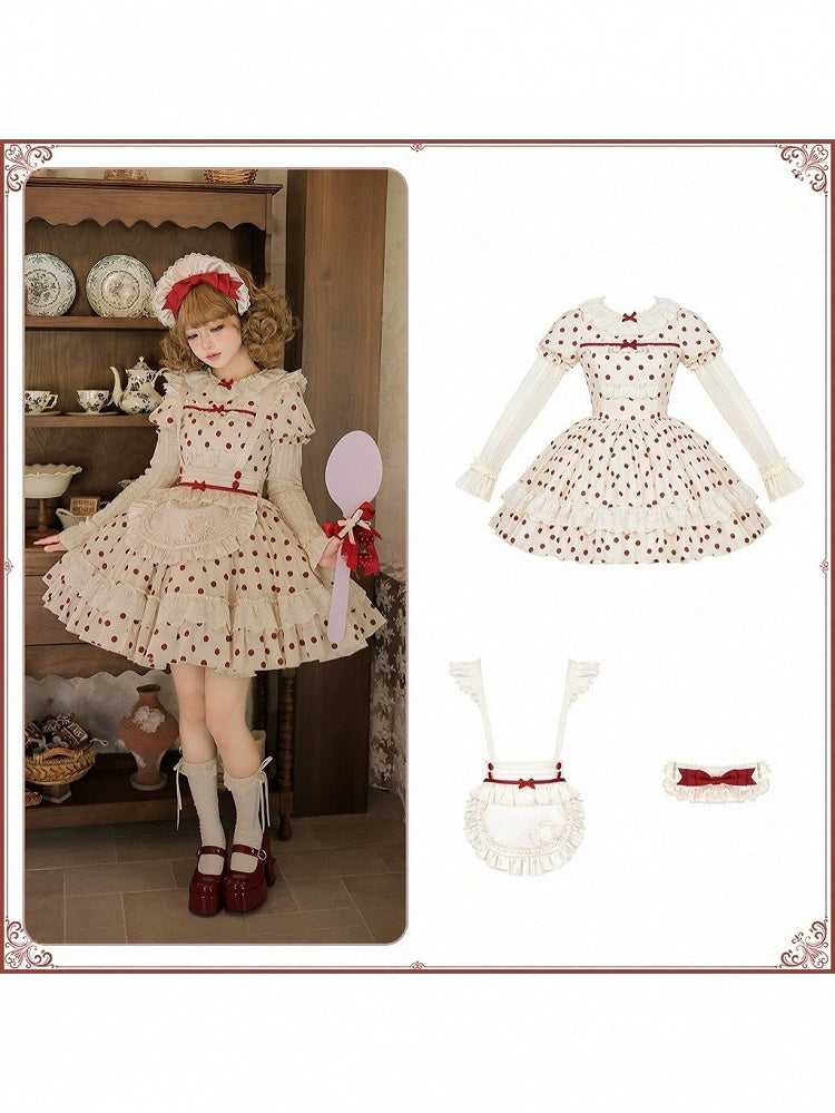 Beige and Red Dotted Puff-Sleeve Lolita OP Set with Apron and Bonnet - With PUJI