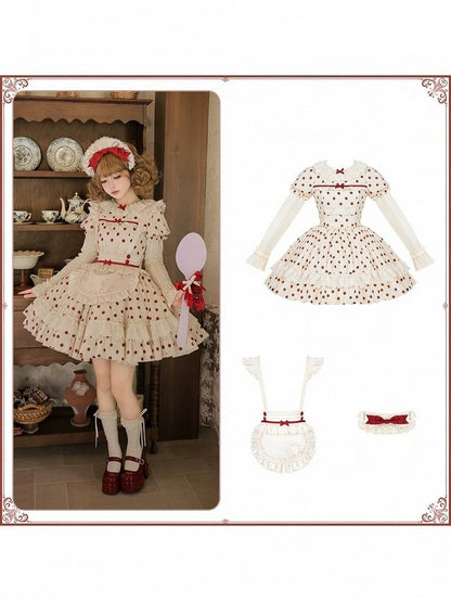 Beige and Red Dotted Puff-Sleeve Lolita OP Set with Apron and Bonnet - With PUJI