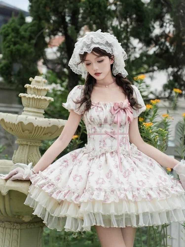 Lolita Kurze Version Blumendruck Elastischer quadratischer Kleidausschnitt Klassisch