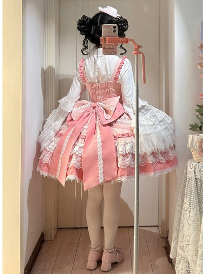 Lolita Abnehmbare Perlenschleifen Rosa Kleid und Süße Rock Details Tiered