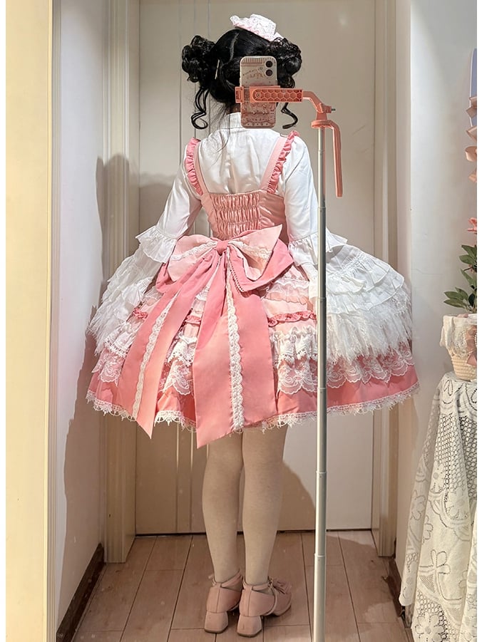 Süßes Kleid mit rosa Perlendetails, abnehmbaren Schleifen und gestuftem Lolita-Rock