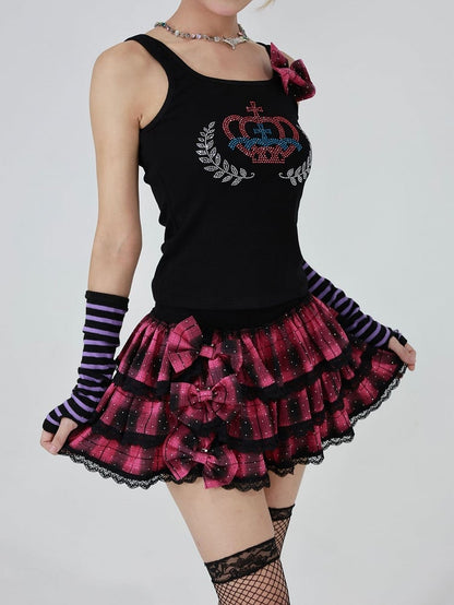 Black Tank with Red Plaid Bow  Rhinestone Crown – Gyaru Style