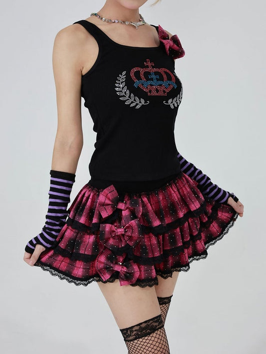 Black Tank with Red Plaid Bow  Rhinestone Crown – Gyaru Style