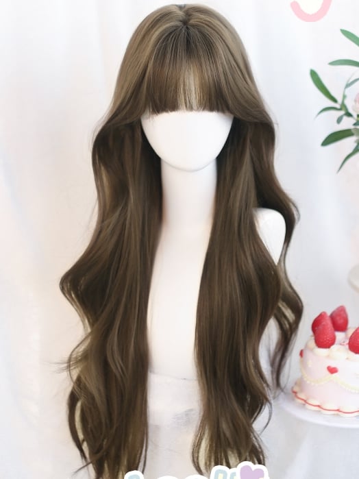 Perücke mit 65–70 cm gewelltem, luftbraunem, langem Pony