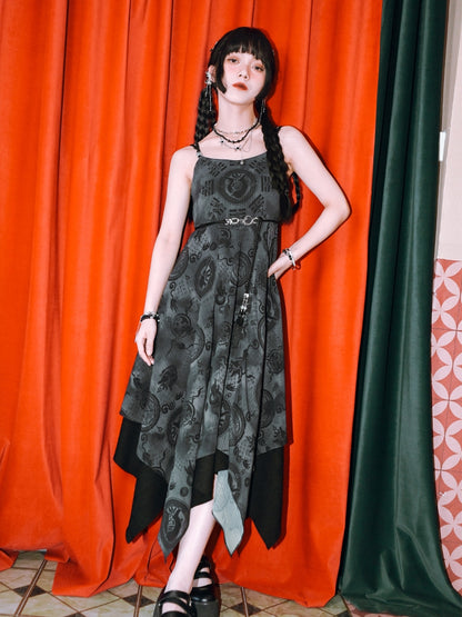 Hem Cheongsam Style Graphic Handkerchief Cami Chiffon Dress Black