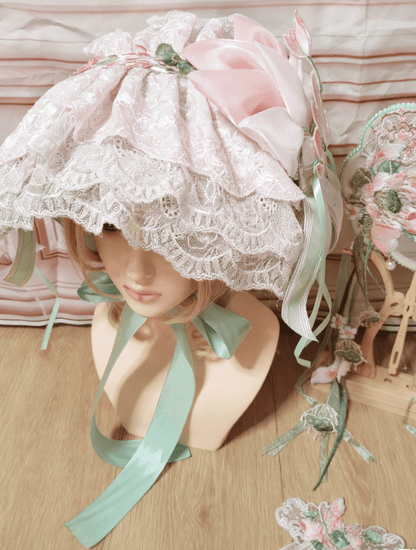 Lolita Embroidery Lotus Lace Hat Pink-Green Flat