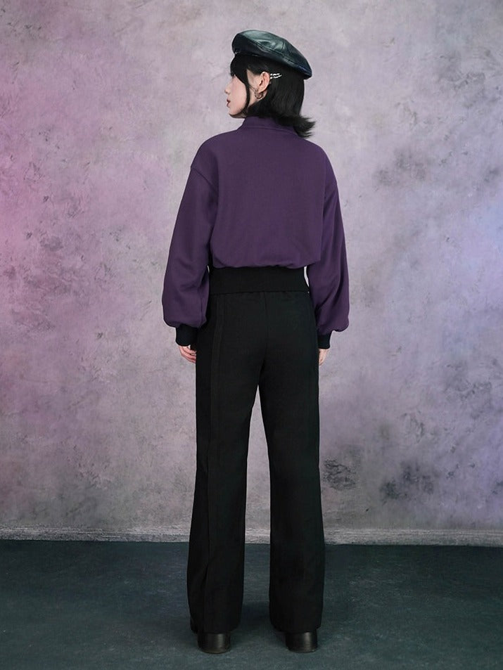 Gothic Black Flared Trousers with Asymmetrical Iris Embroidery - Quirky Hut